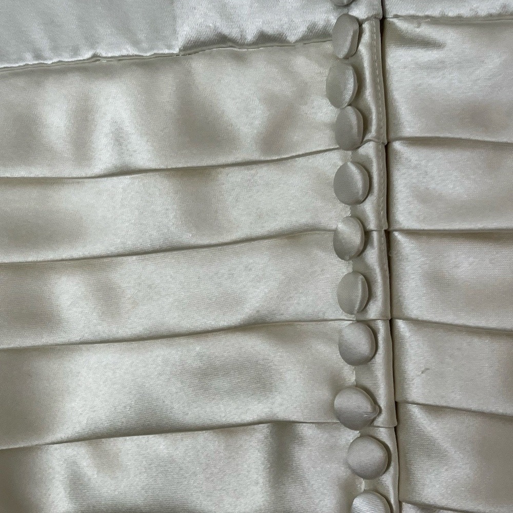 Womens Bridal Gown Cream Tea Length Satin Pleated Waist Elegant Minimalist Luxe - Picture 12 of 16